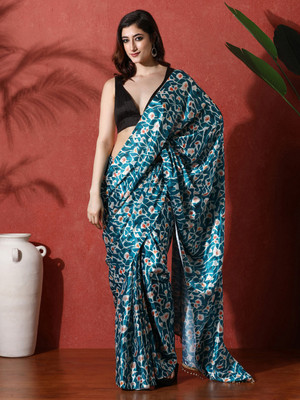 Sangria Printed Saree with Attached Blouse Satin Saree(Blue)