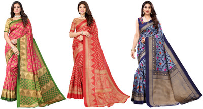 YASHIKA Printed, Woven Kanjivaram Art Silk Saree(Pack of 3, Pink, Red, Blue)