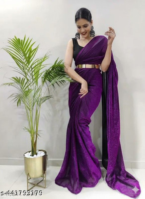 HouseOfCommon Solid/Plain Bollywood Lycra Blend Saree(Purple)