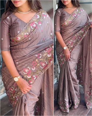 Tasrika Embroidered Bollywood Silk Blend Saree(Grey)