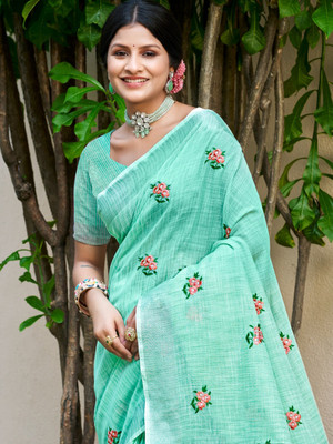 BUNAWAT Embroidered Daily Wear Linen Saree(Light Green)