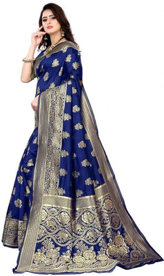 SHRIMAY Embroidered Banarasi Pure Silk Saree(Dark Blue)
