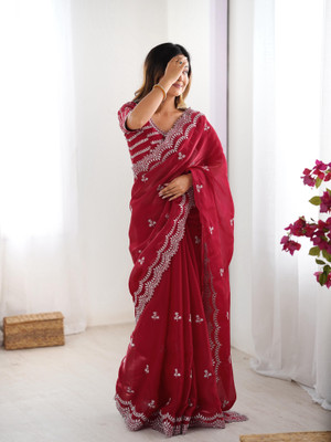 Sajavat Embroidered, Embellished, Woven Bollywood Jimmy choo Saree(Maroon)