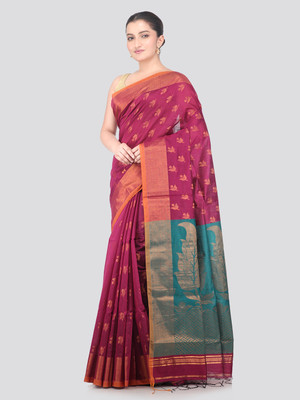 PinkLoom Woven Handloom Cotton Blend Saree(Magenta)