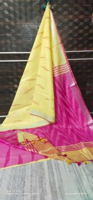 govind handloom Printed Bollywood Cotton Linen Saree(Pink, Yellow)