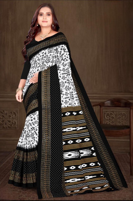 Sumit Textiles Digital Print Sambalpuri Cotton Blend Saree(Black, White)