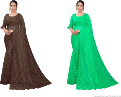 Fashion Field Self Design Bollywood Net Saree(Pack of 2, Brown, Light Green)