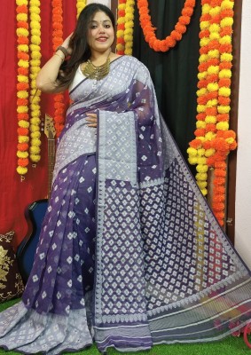 Sudipa Woven, Self Design, Solid/Plain Jamdani Cotton Silk Saree(Purple, White)