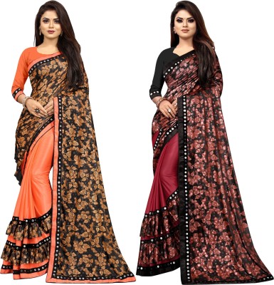 DECOFIN Embellished Bollywood Lycra Blend Saree(Pack of 2, Orange, Red)