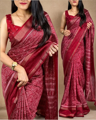 AnticHub Printed Dokhona Cotton Blend Saree(Maroon)