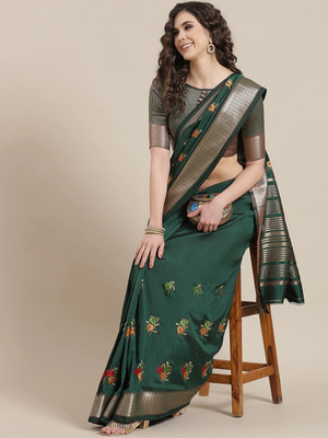 SERONA FABRICS Embroidered, Woven, Printed Bollywood Cotton Silk Saree(Dark Green)