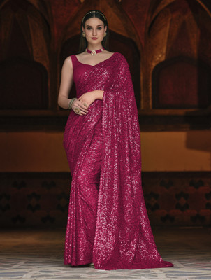 DIVINE INTERNATIONAL TRADING CO Embroidered, Embellished Bollywood Georgette Saree(Pink)