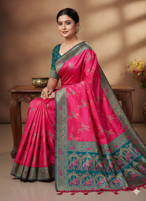 amar fashion Woven Banarasi Silk Blend Saree(Pink)