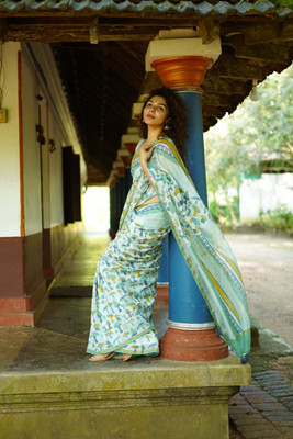 Moda Rapido Floral Print Chanderi Cotton Linen Saree(Multicolor)