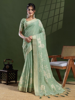 Eeza Printed Bollywood Tissue Saree(Green)