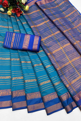 rangbhakti Woven Kanjivaram Silk Blend, Chiffon Saree(Light Green, Dark Blue)