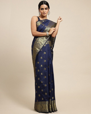Omsaiarts Woven Kasavu Silk Blend Saree(Blue)