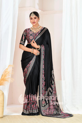 MITRACREATION Printed Bollywood Satin Saree(Black)