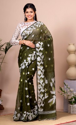 Mystory Woven Jamdani Handloom Cotton Blend Saree(Dark Green, White)