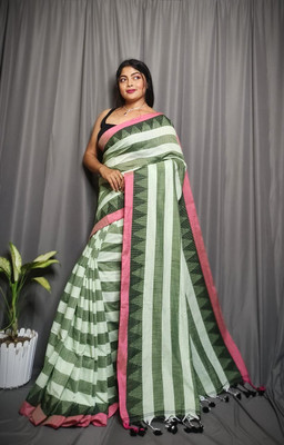 GOURISAREE Temple Border, Checkered Tant Cotton Blend Saree(Light Green)