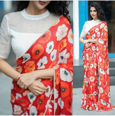 ZARISTACREATION Digital Print Bollywood Dupion Silk Saree(White)