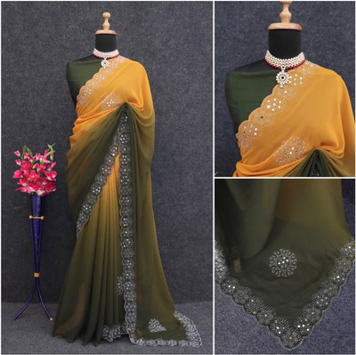 DEV SHREE SILK Self Design Bollywood Georgette Saree(Yellow, Orange)