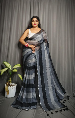 SOHAM SAREE GHAR Striped Handloom Cotton Blend Saree(Grey)