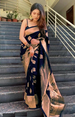 KanjiQueen Woven, Self Design Banarasi Silk Blend, Pure Silk Saree(Dark Blue)