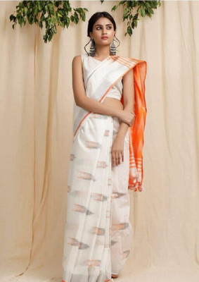ikkat Printed Bhagalpuri Cotton Blend Saree(White, Orange)