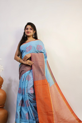 PARTHA BISWAS Self Design Handloom Cotton Blend Saree(Blue)