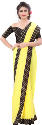 Georgette Saree Self Design, Dyed, Solid/Plain Bollywood Georgette, Chiffon Saree(Yellow)