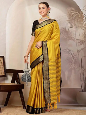SWASTIKEXPORTS Self Design Maheshwari Cotton Silk Saree(Mustard, Black)