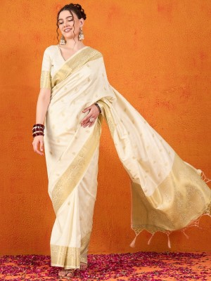 Vichitra Woven, Self Design Banarasi Pure Silk, Jacquard Saree(White)