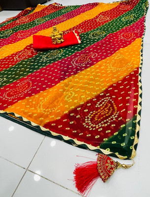 georgette Printed, Woven, Dyed Bandhani Georgette Saree(Multicolor)