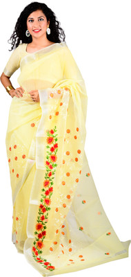 sarvagya Embroidered Kota Doria Cotton Blend Saree(Yellow)