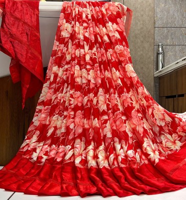 Sitanjali Lifestyle Floral Print Bollywood Georgette, Satin Saree(Red)