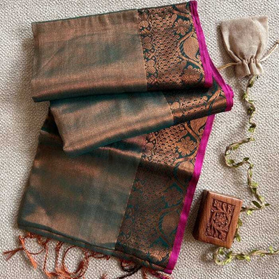 sourav biswas Self Design Handloom Tissue Saree(Dark Blue)