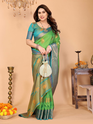 valida Temple Border, Woven Banarasi Silk Blend, Nylon Saree(Light Green)