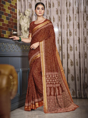 all about you Printed Daily Wear Silk Blend Saree(Brown)