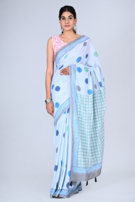 SHIVANYA HANDICRAFTS Floral Print, Printed, Blocked Printed Bollywood Pure Cotton Saree(Blue)