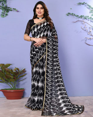 SIRIL Geometric Print, Printed, Embellished Daily Wear Chiffon Saree(Black, White)