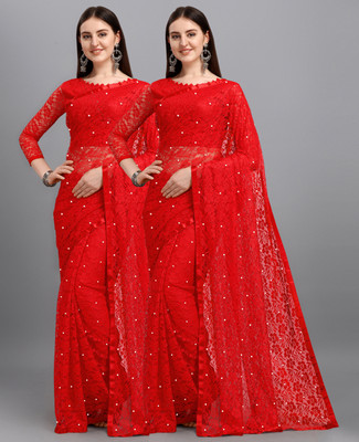 LOROFY Self Design Bollywood Net Saree(Pack of 2, Red)