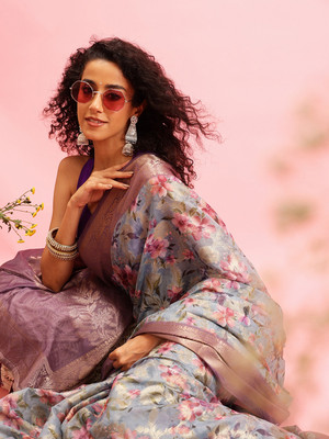 SILK ZONE Digital Print Banarasi Cotton Blend Saree(Grey)