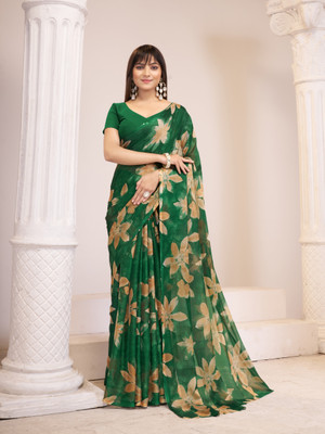 GARDEN VARELI Floral Print Bollywood Chiffon Saree(Green)