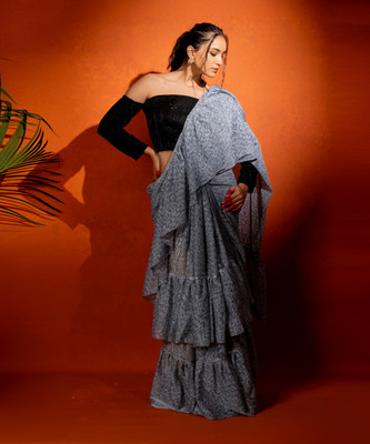 SUBHAM Printed, Embellished Bollywood Lycra Blend Saree(Grey)