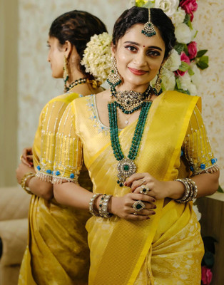 Samah Woven Kasavu Jacquard, Silk Blend Saree(Yellow, Gold)