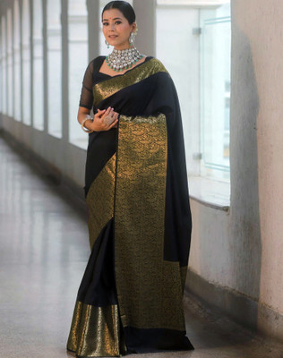 SIRIL Embroidered Kanjivaram Jacquard, Silk Blend Saree(Gold, Black)