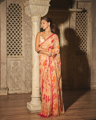 Gold Art Fashion Floral Print Bollywood Georgette Saree(Multicolor)