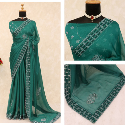 JENNYFEB Embellished Bollywood Pure Silk Saree(Dark Green)