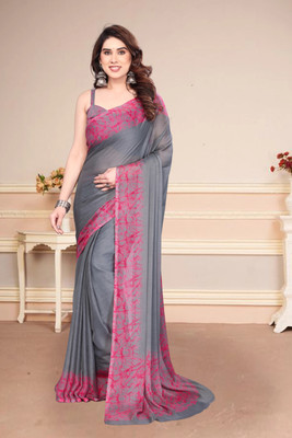 BilloRani Floral Print Bollywood Chiffon Saree(Grey)